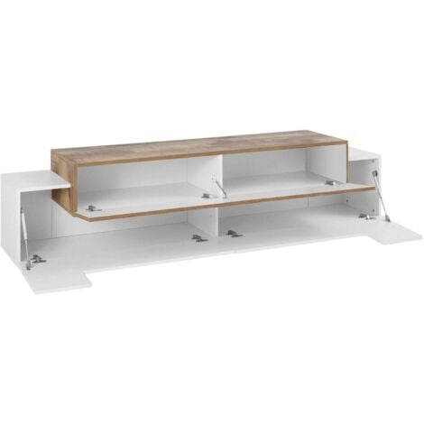 Dmora Meuble TV de salon, Made in Italy, Meuble TV avec 3 portes et étagères, cm 200x45h52, Couleur blanc brillant et érable