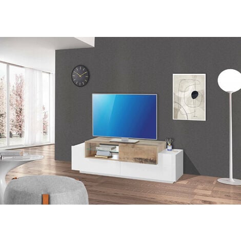 Meuble bas TV LED, Salon-Séjour, Blanc et Noir Laqué, Dimensions