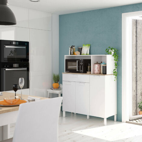 Dmora - Armoire à usages multiples Dlarin, Armoire de cuisine auxiliaire, Buffet avec 3 portes et 1 tiroir avec étagères, Armoire ouverte, 108x40h126 cm, Blanc et Chêne (1/3)