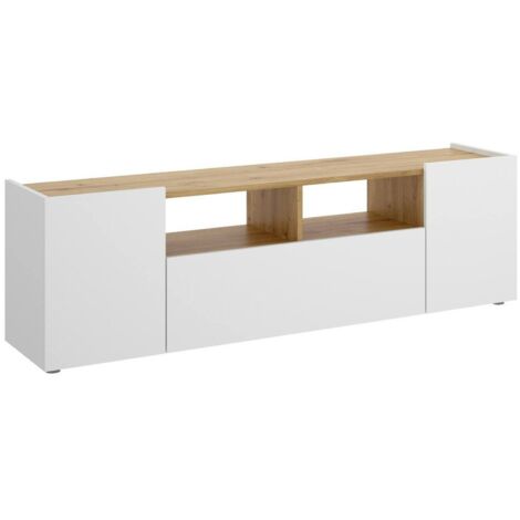 Dmora – Meuble TV bas 142x35x44 cm – Blanc et chêne noueux – 2 portes battantes et étagères – Pour téléviseurs jusqu'à 65' - 142x35h44 (1/5)