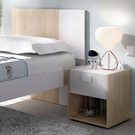 Dmora - Table de chevet Dbachin, Table de nuit, Commode basse avec 1 tiroir, 40x33h42 cm, Blanc et Chêne (1/5)