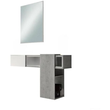 Dmora Meuble d'entrée avec miroir, entrée pour hall avec tiroir, Vide-poche pour petits appartements, cm 100x27h155, couleur Ciment et Blanc