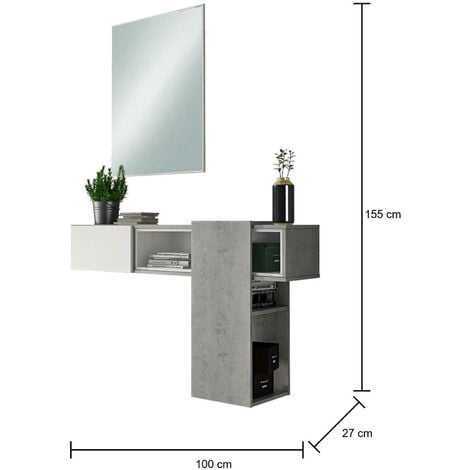 Dmora Meuble d'entrée avec miroir, entrée pour hall avec tiroir, Vide-poche pour petits appartements, cm 100x27h155, couleur Ciment et Blanc
