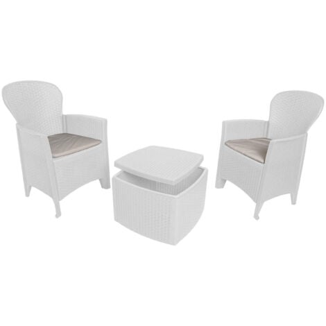 Ensemble de jardin avec coussins, 2 fauteuils et 1 table conteneur d'extérieur, Made in Italy, couleur blanche
