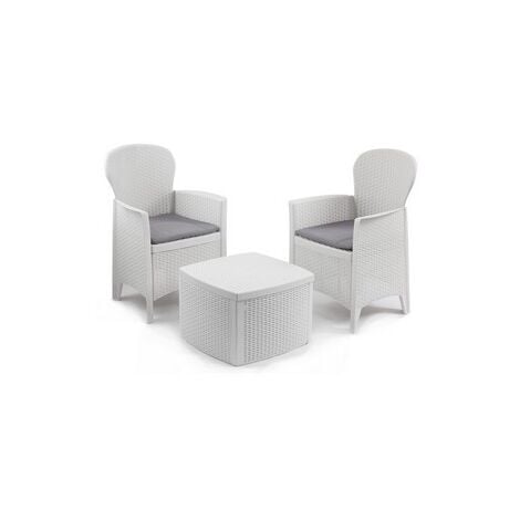 Ensemble de jardin avec coussins, 2 fauteuils et 1 table conteneur d'extérieur, Made in Italy, couleur blanche