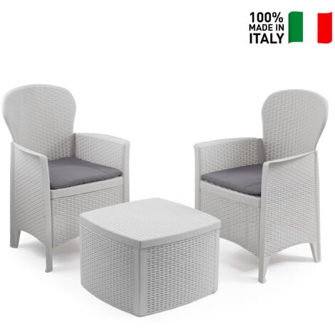 Ensemble de jardin avec coussins, 2 fauteuils et 1 table conteneur d'extérieur, Made in Italy, couleur blanche