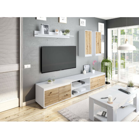 Dmora – Ensemble de meubles de salon – Composition moderne 200x40h114 cm – Bois lamellé blanc et chêne – Meuble TV avec étagères et portes battantes (1/5)