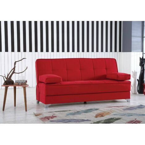 Dmora - Canapé Dasson, Canapé à rangement linéaire avec 2 coussins inclus, Canapé de salon en tissu rembourré avec ouverture clic-clac, 190x87xh91 cm, Rouge (1/3)