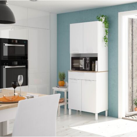 Abitare – Casserolier de cuisine 72x40x186 cm blanc mat et chêne canadien – 4 portes et 1 tiroir – Panneaux mélaminés résistants aux chocs (1/6)
