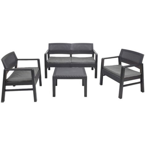 Ipae Progarden – Ensemble salon de jardin noir anthracite effet rattan – 1 banc 2 places, 2 fauteuils, table basse – Résistant aux intempéries et UV (1/4)