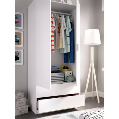 Dmora - Vestiaire Darest, Armoire de chambre avec 2 portes et 2 tiroirs, Meubles de chambre avec tringle à vêtements, 81x52h180 cm, Blanc