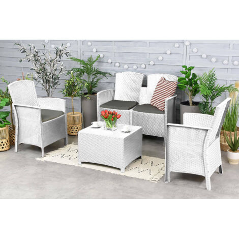 Dmora - Ensemble de salon d'extérieur Dmorat, Salon de jardin avec coussins, Salon d'intérieur effet rotin, 100% Made in Italy, Blanc (1/5)