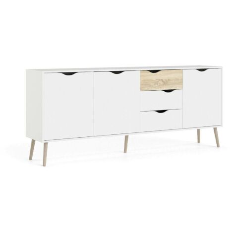 Dmora Buffet avec trois portes et trois tiroirs, blanc et chêne, Dimensions 195 x 81 x 39 cm (1/5)