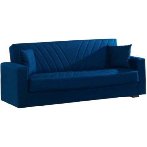 Dmora - Canapé Dfossat, Canapé de rangement linéaire 3 places avec 2 coussins inclus, Canapé de salon en tissu rembourré avec ouverture clic-clac, 214x81h89 cm, Bleu (1/4)