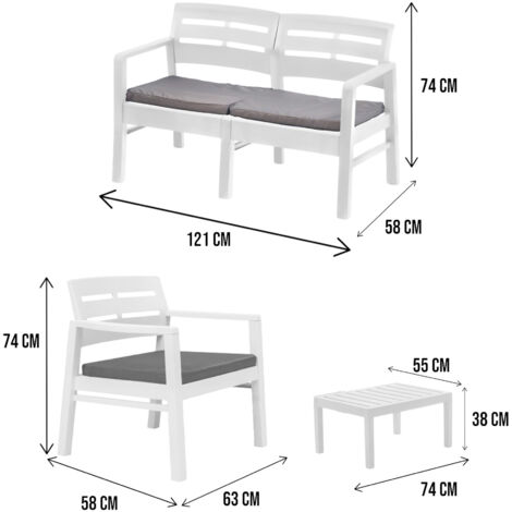 Dmora Set salon d'extérieur Massa, Salon de jardin avec 2 fauteuils, 1 canapé et 1 table basse, Salon intérieur et extérieur avec coussins, 100% Made in Italy, Blanc, avec emballage renforcé