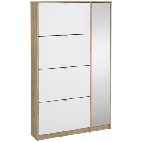 Dmora Armoire à chaussures avec quatre portes à ouverture verticale et une porte miroir avec trois étagères intérieures, couleur chêne et blanche brillante, 101 x 163 x 24 cm. (1/5)