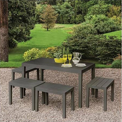 Dmora – Ensemble table et bancs de jardin 6 places – Table rectangulaire 138x78cm – Structure en polypropylène étanche – 100% Made in Italy – Anthracite (1/3)