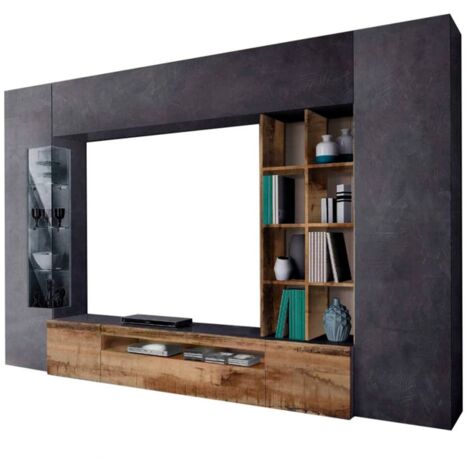 Dmora – Meuble mural Dlazzar 290x40h192 cm – Meuble TV avec lumière LED – Ardoise et érable – Panneaux mélaminés et verre trempé (1/5)