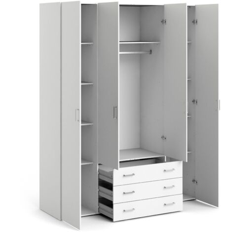 Dmora – Armoire blanche 4 portes battantes 3 tiroirs – Dimensions 154 x 200 x 49 cm – Stratifié résistant aux chocs et rayures – Pour chambre moderne
