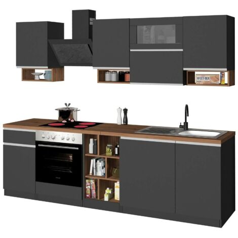Dmora - Cuisine complète Ronnie, Cuisine pratique et peu encombrante, Mur de cuisine avec 8 portes et 1 tiroir, 100% Made in Italy, 255x60h85 cm, Anthracite et Chêne, avec emballage renforcé (1/5)