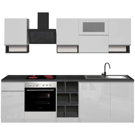 Dmora - Cuisine complète Dceccaron, Cuisine pratique et peu encombrante, Mur de cuisine avec 8 portes et 1 tiroir, 100% Made in Italy, 255x60h85 cm, Blanc brillant et ardoise (1/5)