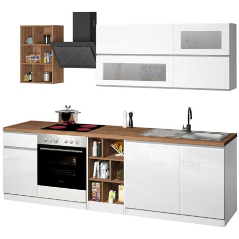 Dmora - Cuisine complète Ronald, Cuisine pratique et peu encombrante, Mur de cuisine avec 5 portes et 1 tiroir, 100% Made in Italy, 255x60h85 cm, Blanc brillant et chêne, avec emballage renforcé (1/5)
