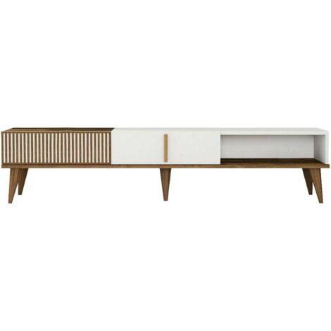 Dmora - Meuble TV Dfirican, Buffet de salon, Armoire basse pour TV, Base murale de rangement, 180x35h40 cm, Noyer et Blanc (1/5)