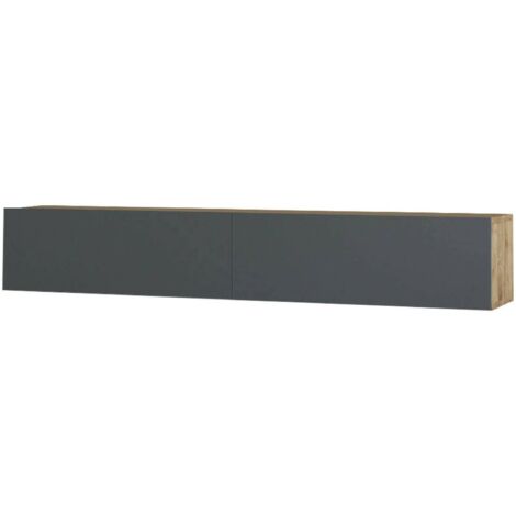 Dmora - Meuble TV Thebe, Buffet de salon, Armoire basse pour TV, Base murale de rangement, 180x32h30 cm, Chêne et Anthracite, avec emballage renforcé (1/5)