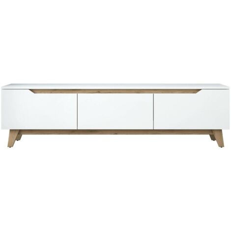 Dmora – Meuble TV moderne 180x35x49 cm – Armoire basse en panneau mélaminé blanc et noyer – Design fonctionnel pour espaces réduits - 180x35h49 (1/5)