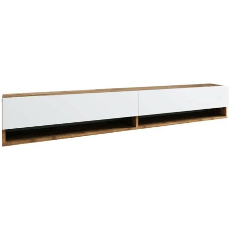 Dmora - Meuble TV Eirene, Buffet de salon, Armoire basse pour TV, Base murale de rangement, 180x32h29 cm, Chêne et Blanc, avec emballage renforcé (1/5)