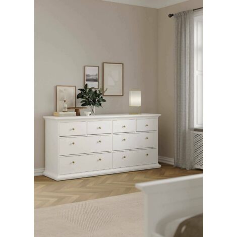 Dmora – Commode à 8 tiroirs blanche – Dimensions 183,4 x 86,88 x 48,5 cm – Fabrication stratifiée résistante aux chocs et rayures – Poignées dorées (1/5)