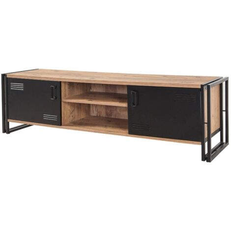 Dmora - Meuble TV Polaris, Buffet de salon, Armoire basse pour TV, Base murale de rangement, 180x45h50 cm, Chêne et Noir, avec emballage renforcé (1/5)