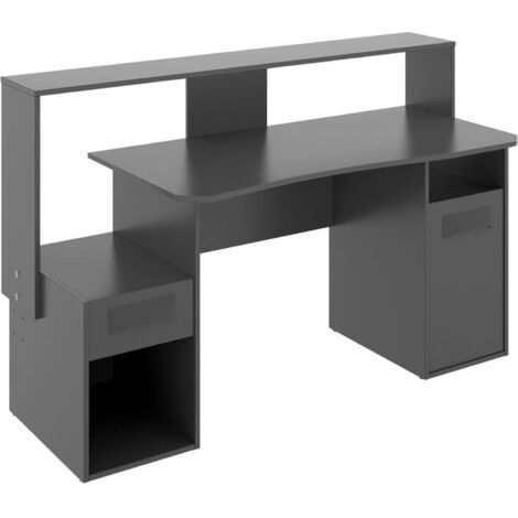 Dmora - Bureau Dgorin, Bureau de jeu multifonctionnel moderne, Table d'étude pour PC et support CD, 154x69h98 cm, Anthracite, sans lumières LED (1/5)