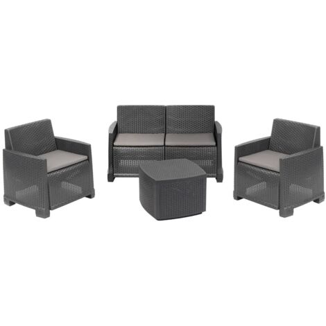 Dmora - Salon d'extérieur Peschici, Salon de jardin avec 2 fauteuils, 1 canapé et 1 table de rangement, Effet rotin avec coussins, 100% Made in Italy, Anthracite (1/3)