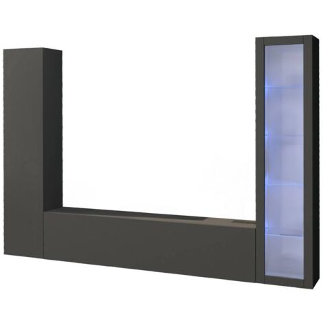 Dmora - Placard Dekda, Ensemble de salon Meuble TV avec 3 portes, Meuble de salon polyvalent avec vitrine et lumière LED, 100% Made in Italy, cm 260x30h180, Anthracite (1/5)