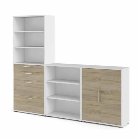 Buffet Acceglio, Meuble bas 4 tiroirs, 7 étagères, 40x267x221.5h cm Blanc (1/3)