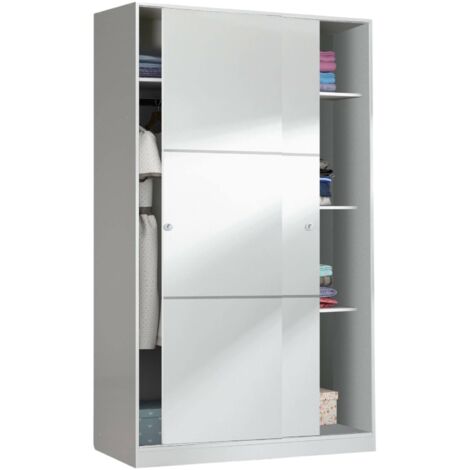 Dmora – Armoire 2 portes coulissantes 120x50x200 cm – 4 étagères réglables – Bois lamellé résistant aux chocs – Design moderne blanc (1/5)