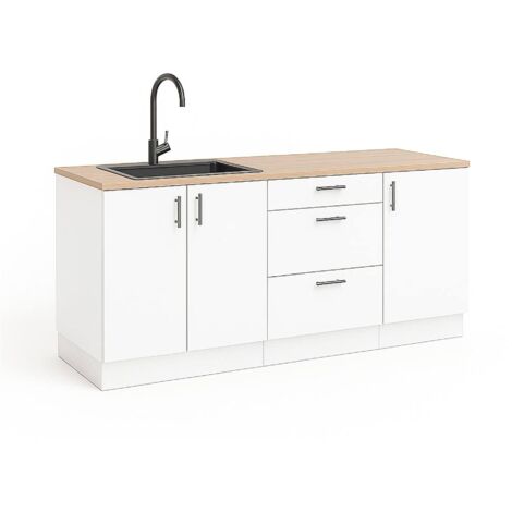 Dmora – Cuisine complète Orlaya – 3 tiroirs, 3 étagères – Finitions blanc brillant et chêne canadien – Dimensions optimisées pour petits espaces