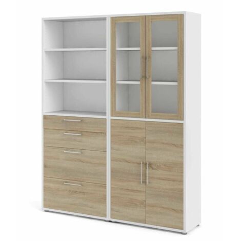Buffet Embabane, Buffet 5 étagères, 4 tiroirs, 40x178x221,5h cm Blanc (1/3)