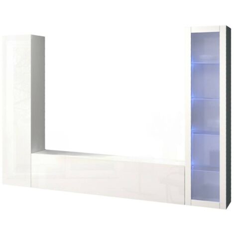 Dmora - Meuble Mural Dekda, Ensemble de salon Meuble TV avec 3 portes, Meuble de salon polyvalent avec vitrine et lumière LED, 100% Made in Italy, cm 260x30h180, Blanc brillant (1/5)