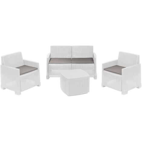 Dmora - Salon d'extérieur Dbalestrer, Ensemble de jardin avec 2 fauteuils, 1 canapé et 1 table de rangement, Effet rotin avec coussins, 100% Made in Italy, Blanc (1/3)