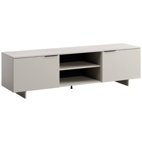 Meuble TV Buono, buffet de salon avec deux portes battantes et deux compartiments ouverts, surélevé du sol, 180x42 h55 cm, beige (1/4)