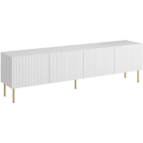 Meuble TV Varenna, buffet de salon avec quatre portes battantes, surélevé du sol, 200x42 h52 cm, blanc (1/4)