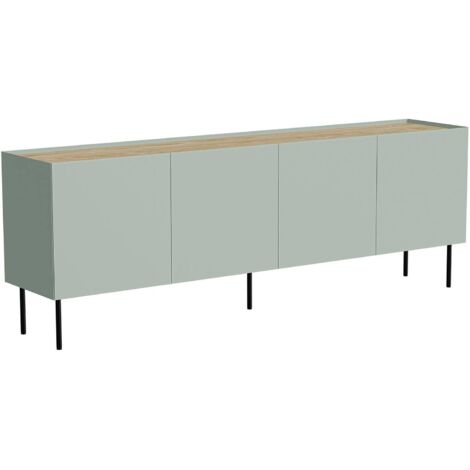 Buffet Sagrado, buffet de salon avec quatre portes battantes et compartiments intérieurs, surélevé du sol, 200x40 h70 cm, vert et chêne (1/5)