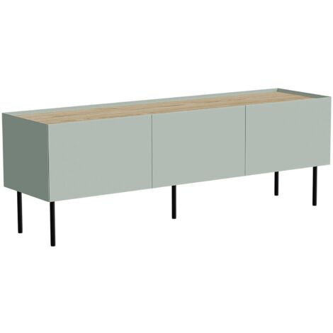 Meuble TV Calanna, buffet de salon avec trois portes battantes et trois compartiments intérieurs, surélevé du sol, 150x40 h52 cm, vert et chêne (1/4)