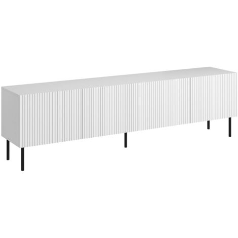 Meuble TV Priocca, buffet de salon avec quatre portes battantes, surélevé du sol, 200x42 h52 cm, blanc (1/4)