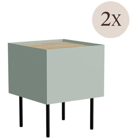 Lot de 2 tables de chevet Preci, Commode basse avec compartiment intérieur, Finition lisse, 40x41 h60 cm, Vert et Chêne (1/4)