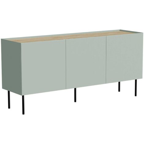 Buffet Verrone, buffet de salon à trois portes battantes et compartiments intérieurs, surélevé du sol, 150x40 h70 cm, vert et chêne (1/5)