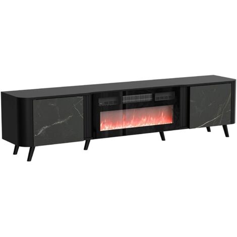 Meuble TV Vicino, buffet de salon avec deux portes battantes et cheminée électrique, surélevé du sol, 191x40 h58 cm, marbre et noir (1/4)