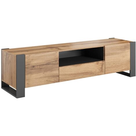 Meuble TV Dronero, buffet de salon avec portes battantes, compartiment ouvert et tiroir, surélevé du sol, 180x44 h48 cm, nœuds de chêne et anthracite (1/4)